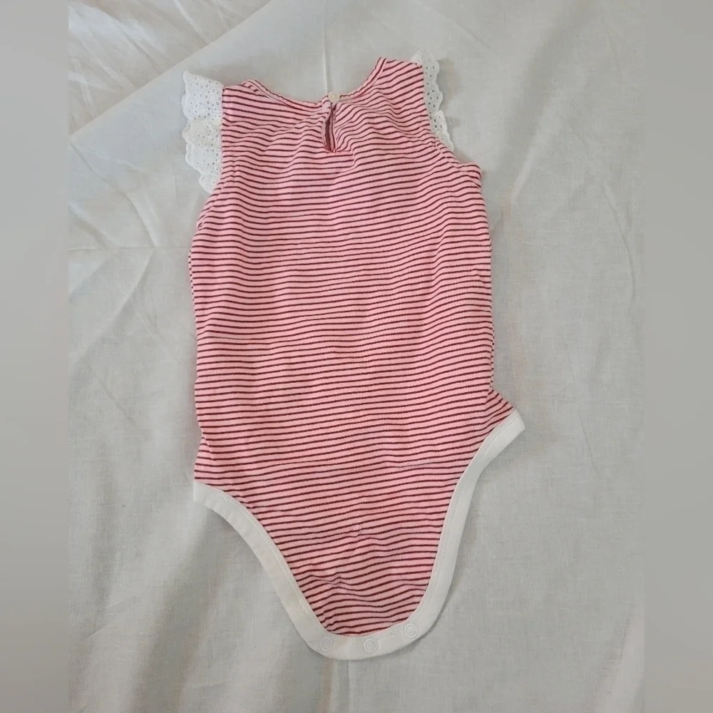 OshKosh red & white striped eyelet lace flutter sleeve onesie 9m